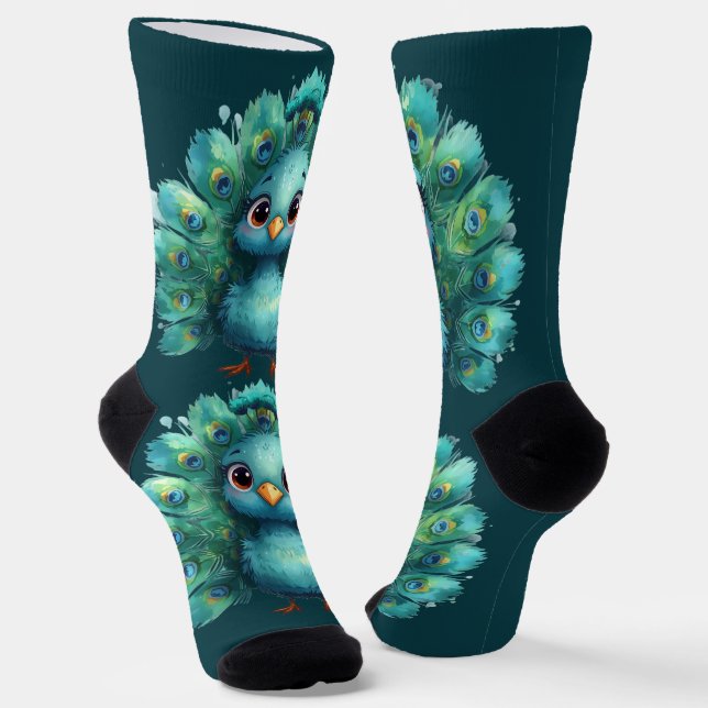 Cute Fantasy whimsical Blue Peacock  Socks (Angled)