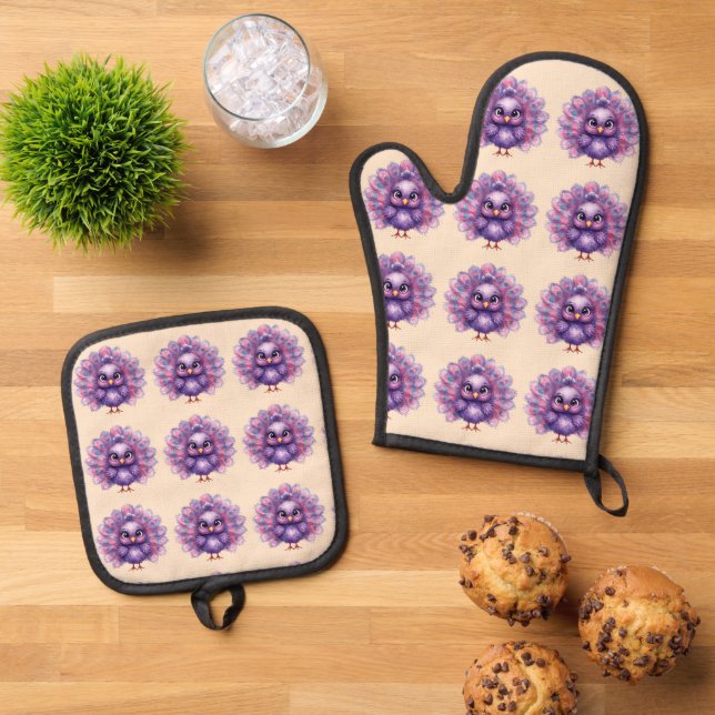 Cute Fantasy whimsical Lilac Peacock  Oven Mitt & Pot Holder Set (Top Down)