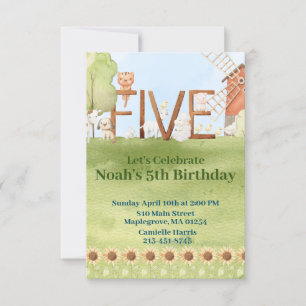 Cute farm animal barnyard 5th birthday invitation