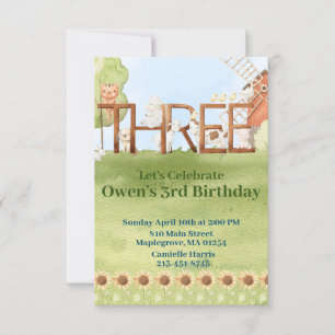 Cute farm animal barnyard third birthday invitation