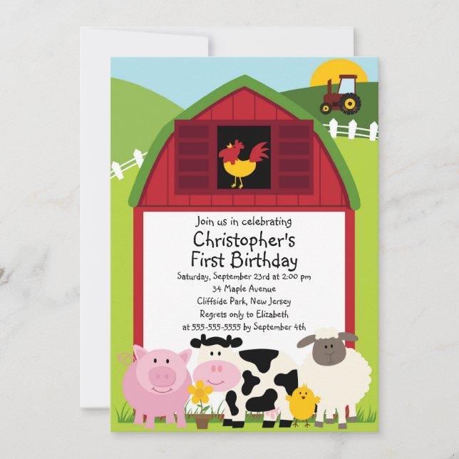Cute Farm Animal Birthday Party Invitations (Front)