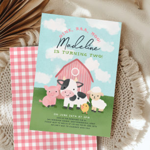 Cute Farm Animal Girl Barnyard 2nd Birthday Invitation