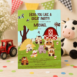 Cute Farm Animal Kid Barnyard Birthday Invitation