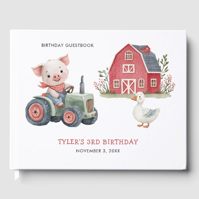 Cute Farm Animal Pig Tractor Birthday Party Guest Book (Front)