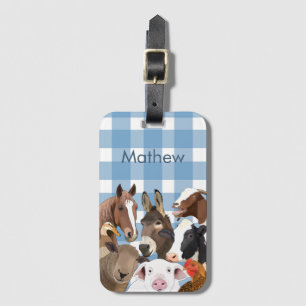 Cute Farm Animal Portrait Gingham Check - Blue Luggage Tag