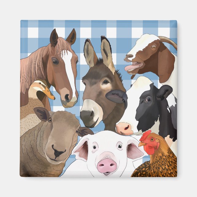 Cute Farm Animal Portrait Gingham Check - Blue Magnet (Front)