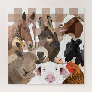Cute Farm Animal Portrait Gingham Check - Brown Jigsaw Puzzle