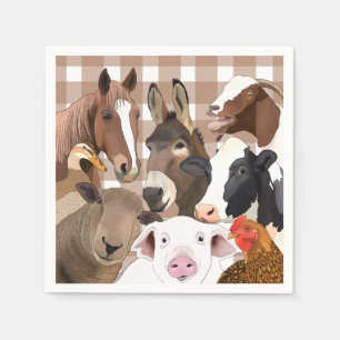 Cute Farm Animal Portrait Gingham Check - Brown Napkin