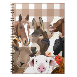 Cute Farm Animal Portrait Gingham Check - Brown Notebook