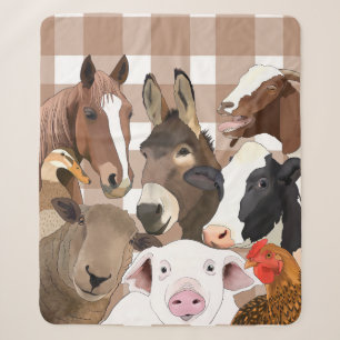 Cute Farm Animal Portrait Gingham Check - Brown Sherpa Blanket