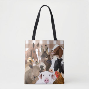 Cute Farm Animal Portrait Gingham Check - Brown Tote Bag