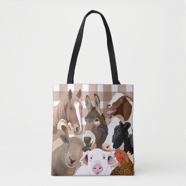 Cute Farm Animal Portrait Gingham Check - Brown Tote Bag (Front)