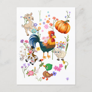 Cute farm animals and pretty flowers holiday postcard