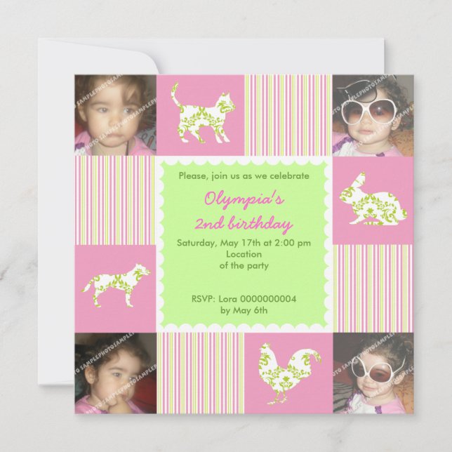 Cute farm animals and stripes birthday invitation (Front)
