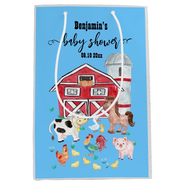 Cute Farm Animals Baby Shower Blue Medium Gift Bag (Front)