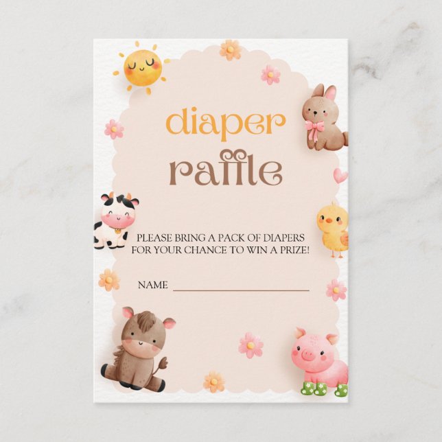 Cute Farm Animals Baby Shower Diaper Raffle Ticket Enclosure Card (Front)