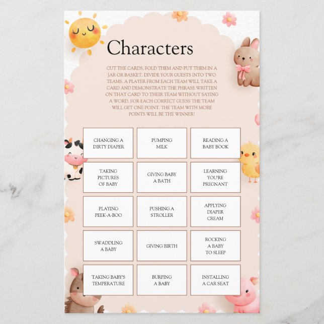 Cute Farm Animals Baby Shower Game Characters (Front)