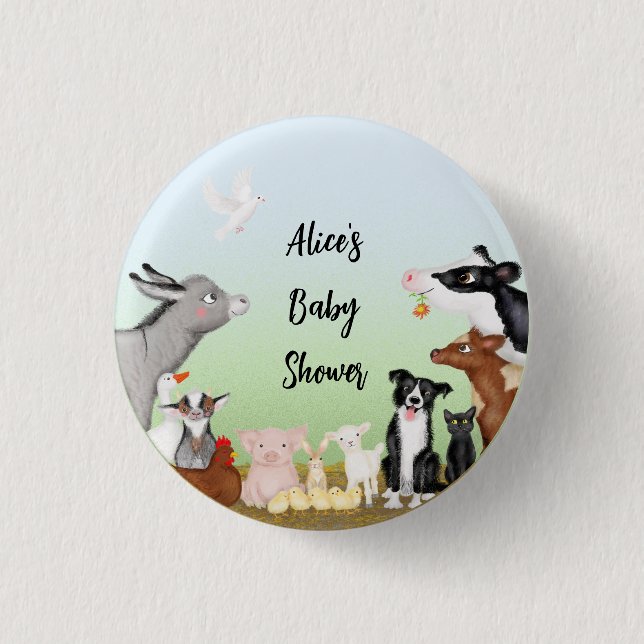 Cute farm animals baby shower round badge (Front)