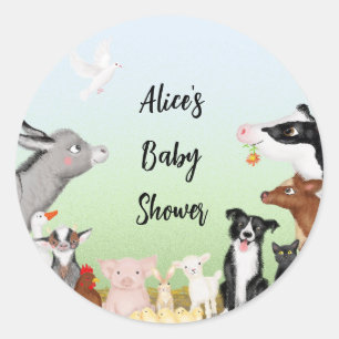 Cute farm animals baby shower round stickers