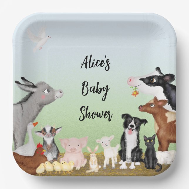 Cute farm animals baby shower square paper plate (Front)