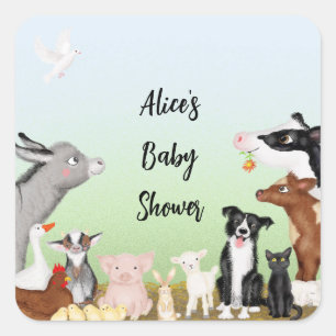 Cute farm animals baby shower square stickers