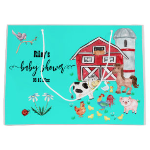Cute Farm Animals Baby Shower Teal Large Gift Bag