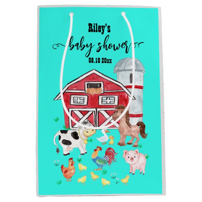Cute Farm Animals Baby Shower Teal Medium Gift Bag (Front)