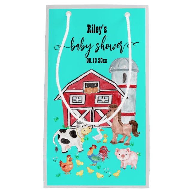 Cute Farm Animals Baby Shower Teal Small Gift Bag (Front)