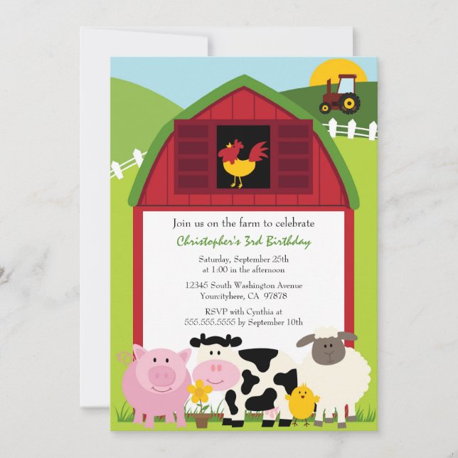 Cute farm animals barn birthday party invitation (Front)