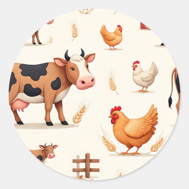 Cute Farm Animals Barn Pattern Classic Round Sticker (Front)