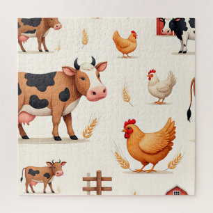 Cute Farm Animals Barn Pattern Jigsaw Puzzle