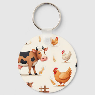 Cute Farm Animals Barn Pattern Key Ring