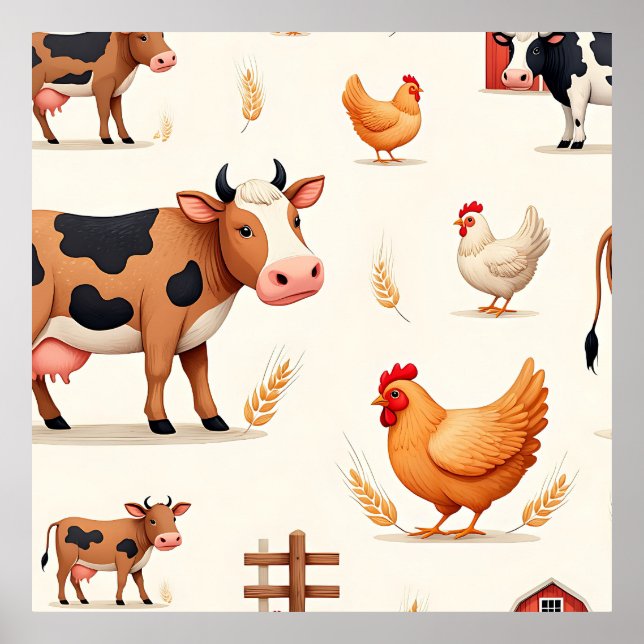 Cute Farm Animals Barn Pattern Poster (Front)