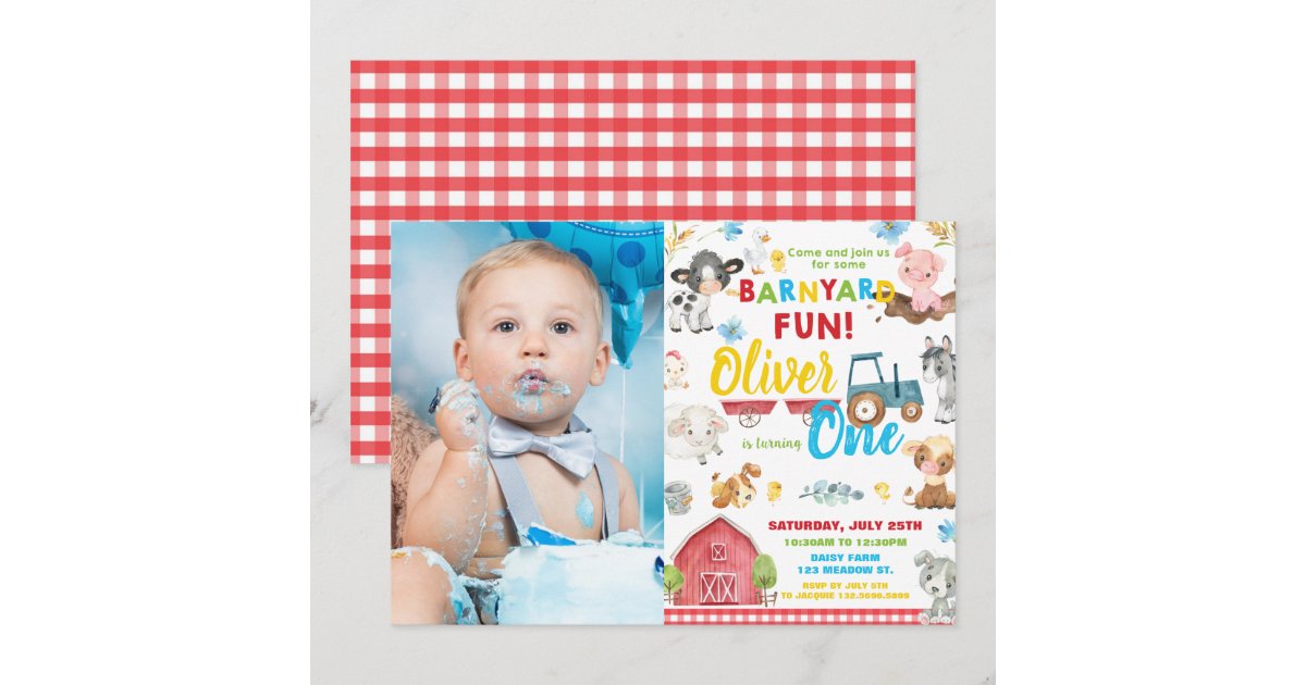 Cute Farm Animals Barnyard 1st Birthday One Photo Invitation | Zazzle