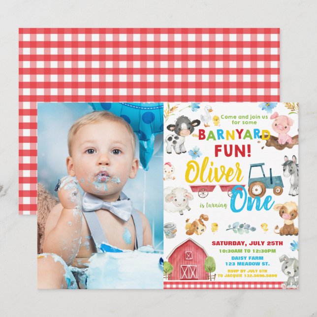 Cute Farm Animals Barnyard 1st Birthday One Photo  Invitation (Front/Back)