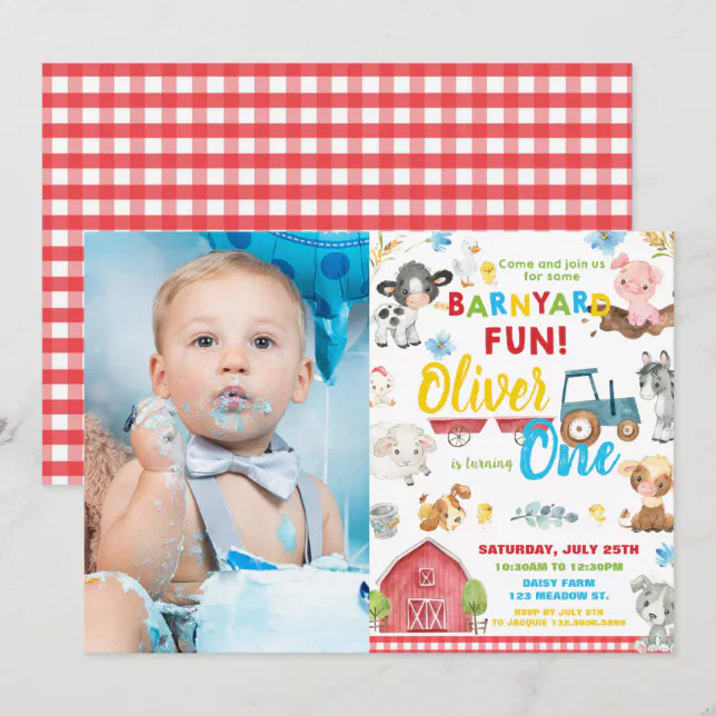 Cute Farm Animals Barnyard 1st Birthday One Photo Invitation | Zazzle