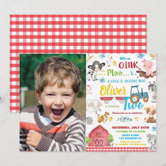 Cute Farm Animals Barnyard 2nd Birthday Two Photo Invitation (Front/Back)