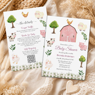 Cute Farm Animals Barnyard All in One Baby Shower Invitation