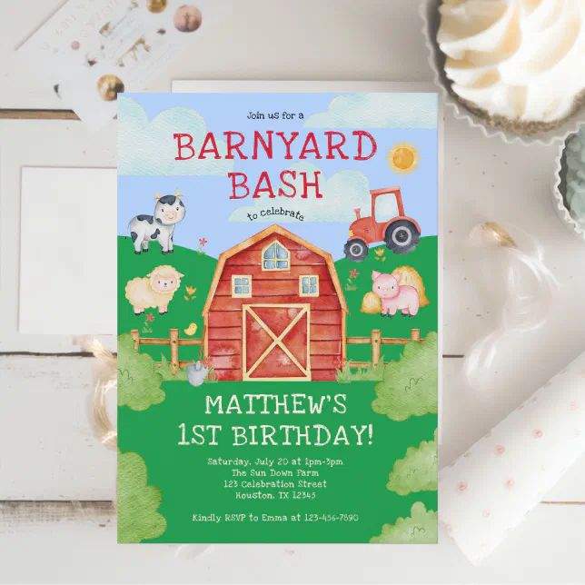 Cute Farm Animals Barnyard Bash 1st Birthday Invitation | Zazzle