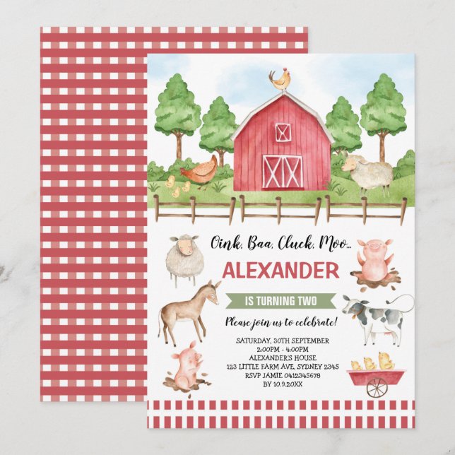 Cute Farm Animals Barnyard Birthday Bash Invitation (Front/Back)