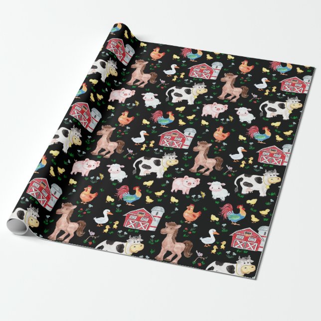 Cute Farm Animals Barnyard Black Wrapping Paper (Unrolled)