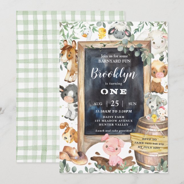 Cute Farm Animals Barnyard Chic Greenery Birthday Invitation (Front/Back)