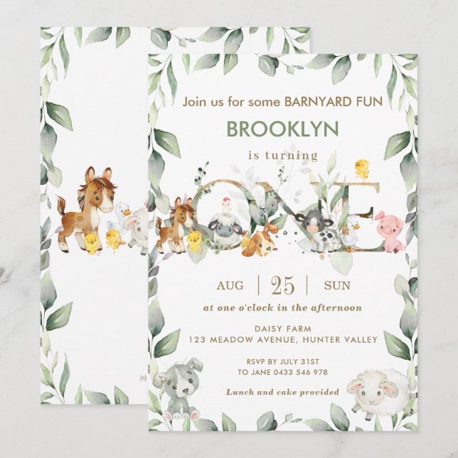 Cute Farm Animals Barnyard Greenery 1st Birthday Invitation (Front/Back)