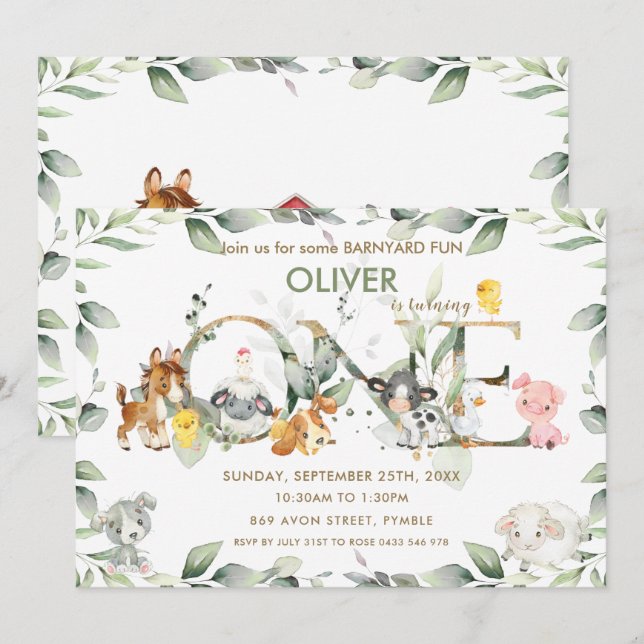 Cute Farm Animals Barnyard Greenery 1st Birthday Invitation (Front/Back)