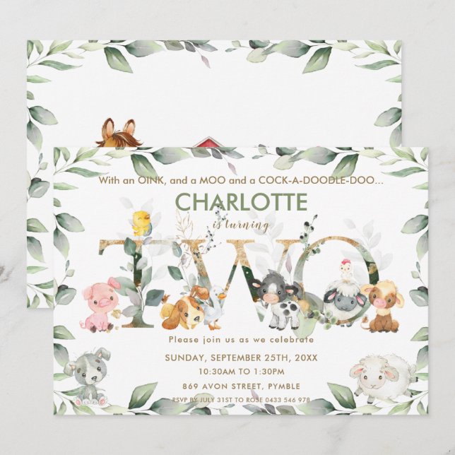 Cute Farm Animals Barnyard Greenery 2nd Birthday Invitation (Front/Back)