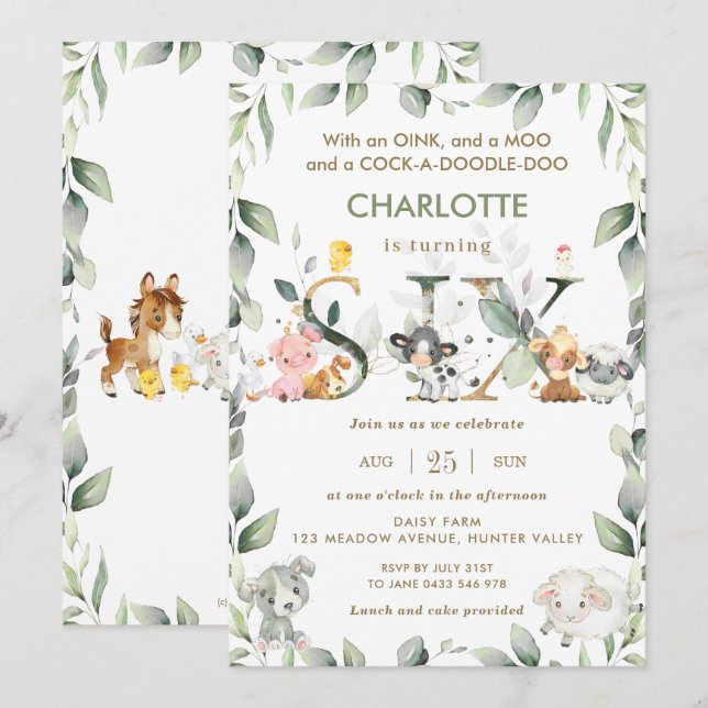 Cute Farm Animals Barnyard Greenery 6th Birthday  Invitation (Front/Back)