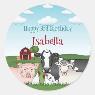 Cute Farm Animals Barnyard Kid's Happy Birthday Classic Round Sticker