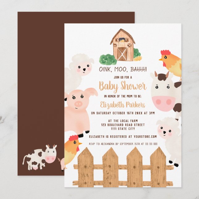 Cute farm animals barnyard neutral baby shower invitation (Front/Back)
