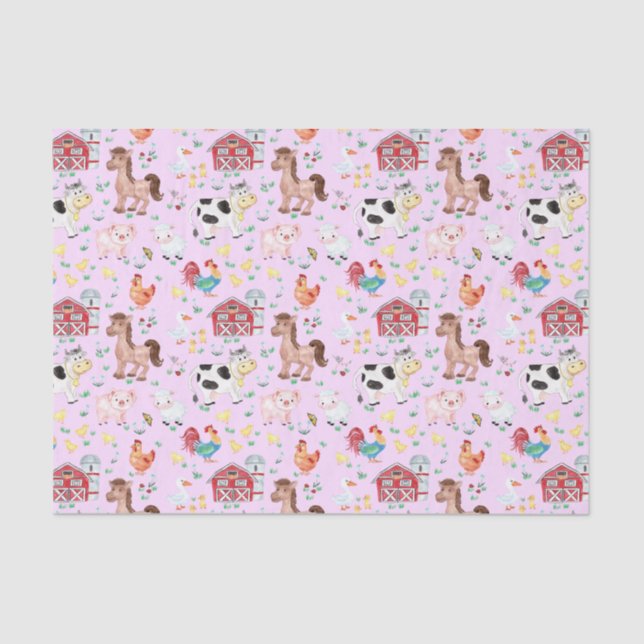 Cute Farm Animals Barnyard Pink Background Tissue Paper (Front)