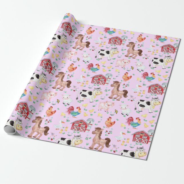 Cute Farm Animals Barnyard Pink Background Wrapping Paper (Unrolled)